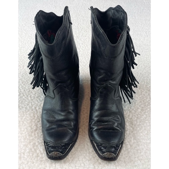 (VTG) ZODIAC • Black Genuine Leather Studded Fringe Western Cowboy Boots - Picture 3 of 16